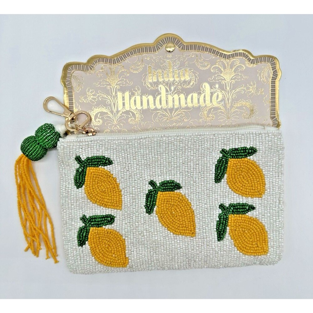 Viral Lemons Beaded Travel Pouch w Tassel India Handmade with Hook NWT